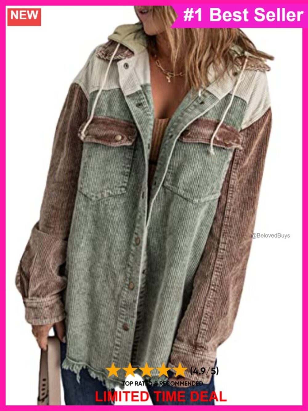 Corduroy Shacket Jacket Long Sleeve Button Down Hooded Coat with Pockets